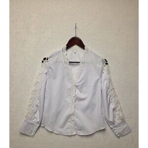 Lace Long Sleeve Top Button Up Sz Medium White Wedding Elegant Eyelet